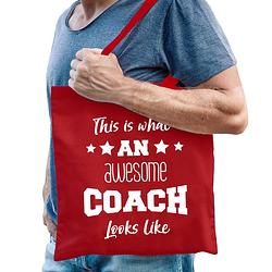 Foto van Bellatio decorations cadeau tas coach - katoen - rood - this is what an awesome coach looks like - feest boodschappentas