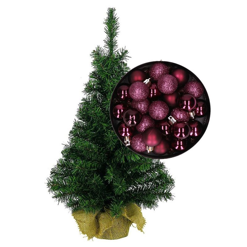 Foto van Mini kerstboom/kunst kerstboom h75 cm inclusief kerstballen aubergine paars - kunstkerstboom