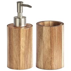 Foto van Badkamer accessoires set 2-delig - acacia hout - luxe kwaliteit - zeeppompjes