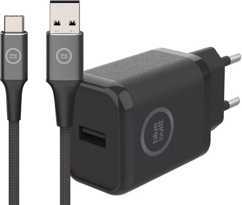 Foto van Bluebuilt quick charge oplader 18w + usb c kabel nylon zwart 3m