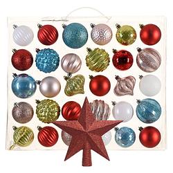 Foto van Kerstballen 30x st - gekleurd - 6 cm - met ster piek rood - kunststof - kerstbal