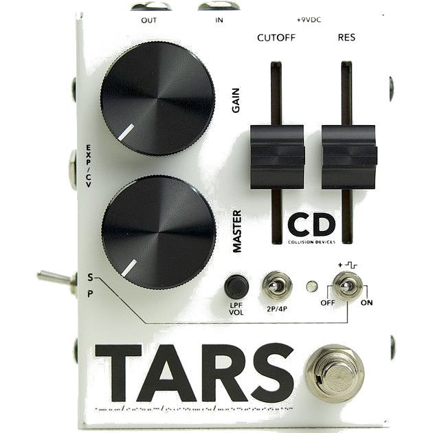 Foto van Collision devices tars black on white fuzz effectpedaal met analoge filter