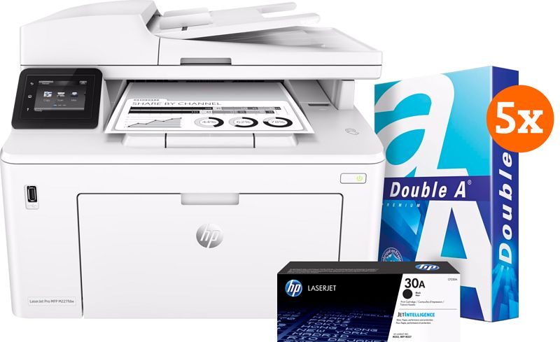 Foto van Hp laserjet pro m227fdw + 1 extra zwarte toner + 2.500 vellen a4 papier