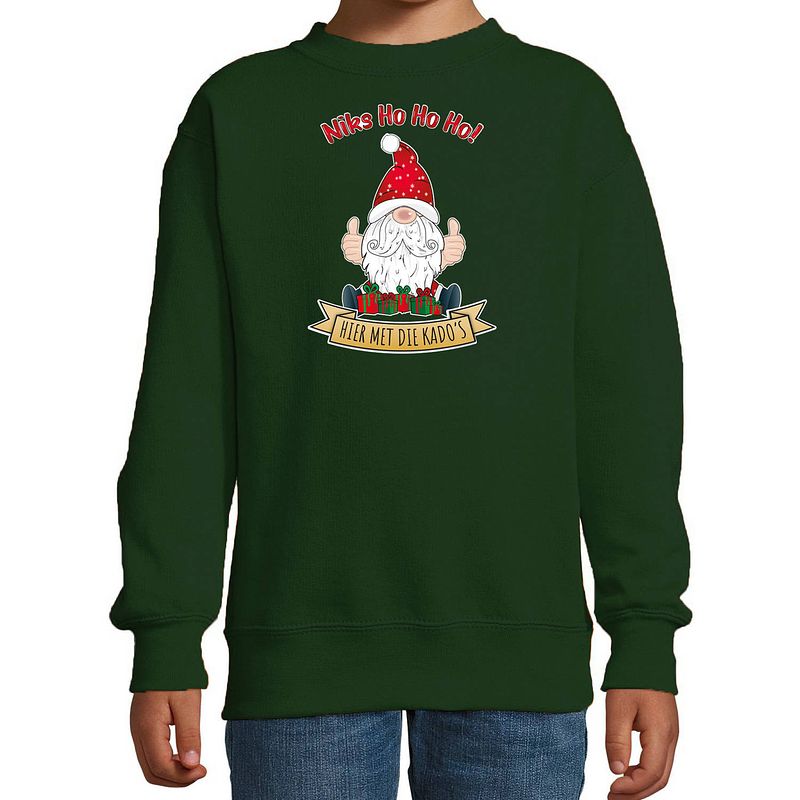 Foto van Bellatio decorations kersttrui/sweater voor kinderen - kado gnoom - groen - kerst kabouter 9-11 jaar (134/146) - kerst t