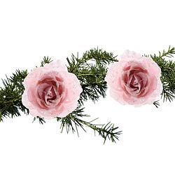 Foto van 2x stuks kerstboom bloemen/rozen op clip poeder roze 14 cm - kunstbloemen