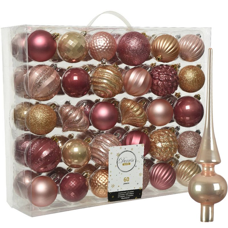 Foto van Kunststof kerstballen 60x stuks 6-7 cm met glazen glans piek roze en bruin - kerstbal