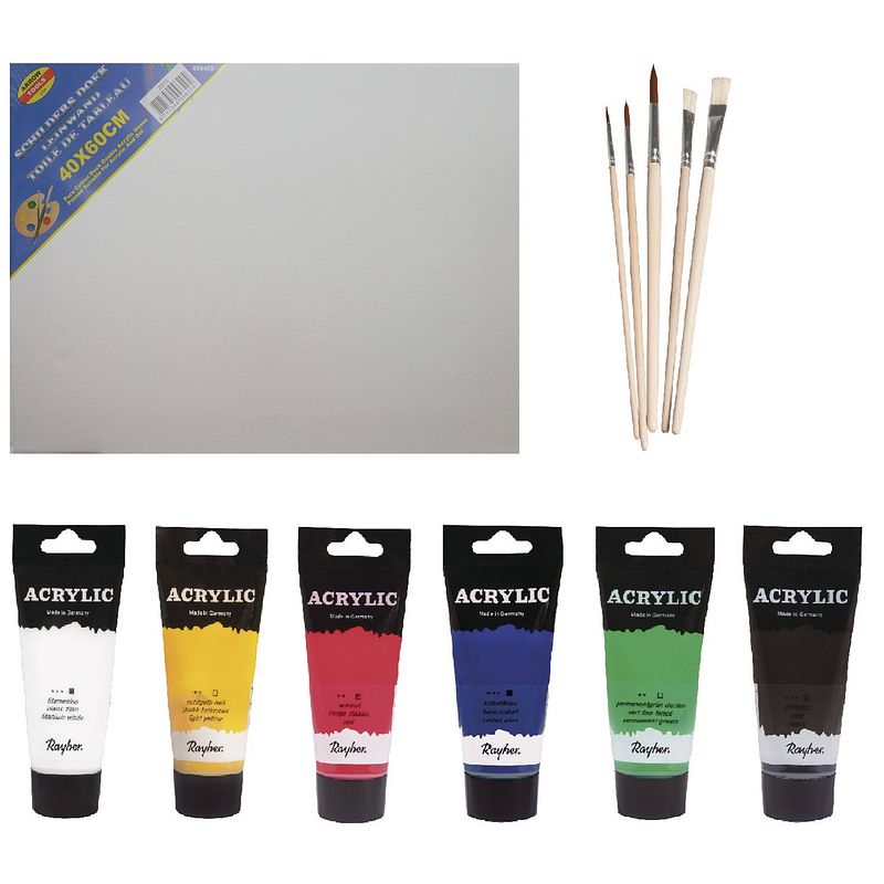 Foto van Schilders verf set van 6x tubes acrylverf/hobbyverf 75 ml + doek + 5x kwasten - schildersets