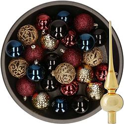 Foto van 37x stuks kunststof kerstballen 6 cm incl. glazen piek blauw-goud-rood-zwart - kerstbal