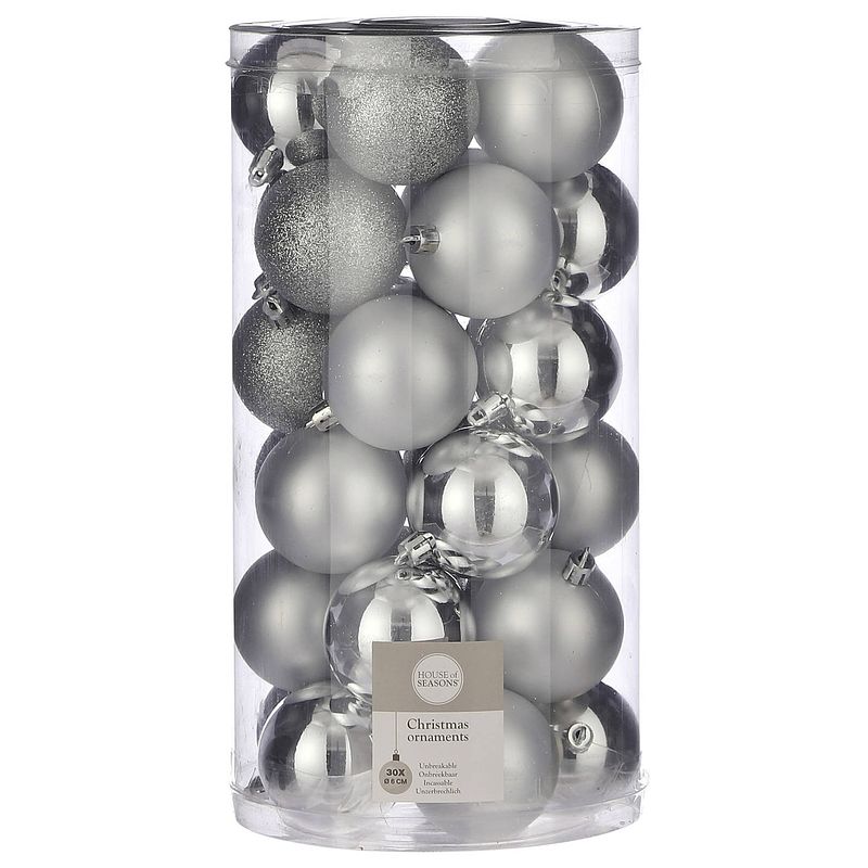 Foto van 30x kunststof kerstballen zilver 6 cm - kerstbal