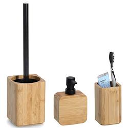 Foto van Badkamer accessoires set 3-delig - bamboe hout - luxe kwaliteit - badkameraccessoireset
