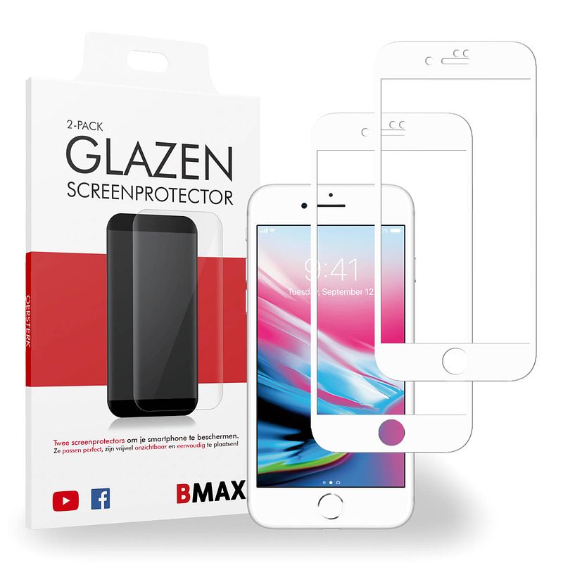 Foto van 2-pack bmax apple iphone 8 plus screenprotector - glass - full cover 5d - white