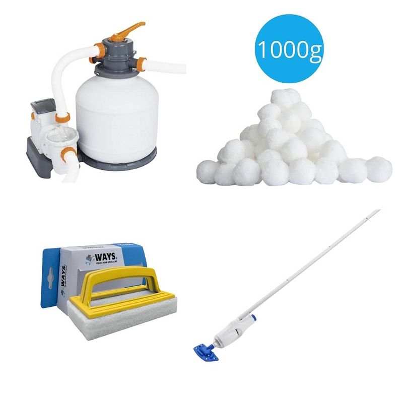 Foto van Bestway - zwembadstofzuiger aquareach & zandfilterpomp 5678 l/u & filterbollen 1000 g & ways scrubborstel