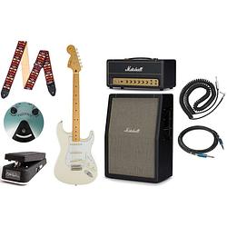 Foto van Fender jimi hendrix stratocaster olympic white mn + marshall versterker + effectpedalen + accessoires