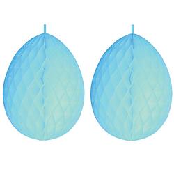 Foto van 3x stuks hangdecoratie honeycomb paaseieren pastel blauw van papier 30 cm - feestdecoratievoorwerp