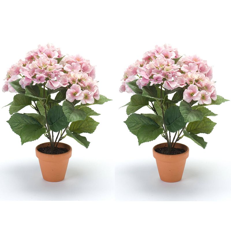 Foto van Set van 2x stuks roze hortensia hydrangea macrophylla kunstplant in kunststof pot 40 cm - kunstplanten