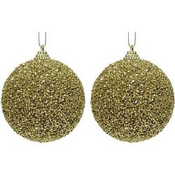 Foto van 2x kerstballen gouden glitters 8 cm met kralen kunststof kerstboom versiering/decoratie - kerstbal