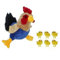 Foto van Pluche kippen/hanen knuffel van 20 cm met 6x stuks mini kuikentjes 3,5 cm - feestdecoratievoorwerp