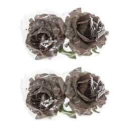 Foto van 4x stuks decoratie bloemen roos zilver glitter op clip 10 cm - kersthangers