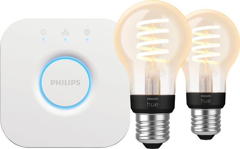 Foto van Philips hue filament white ambiance standaard 2-pack + bridge