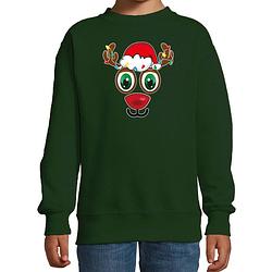 Foto van Bellatio decorations kersttrui/sweater voor kinderen - rudolf gezicht - rendier - groen 7-8 jaar (122/128) - kerst truie