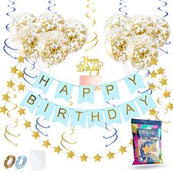 Foto van Fissaly® verjaardag slinger blauw & goud met papieren confetti ballonnen - decoratie - happy birthday - letterslinger