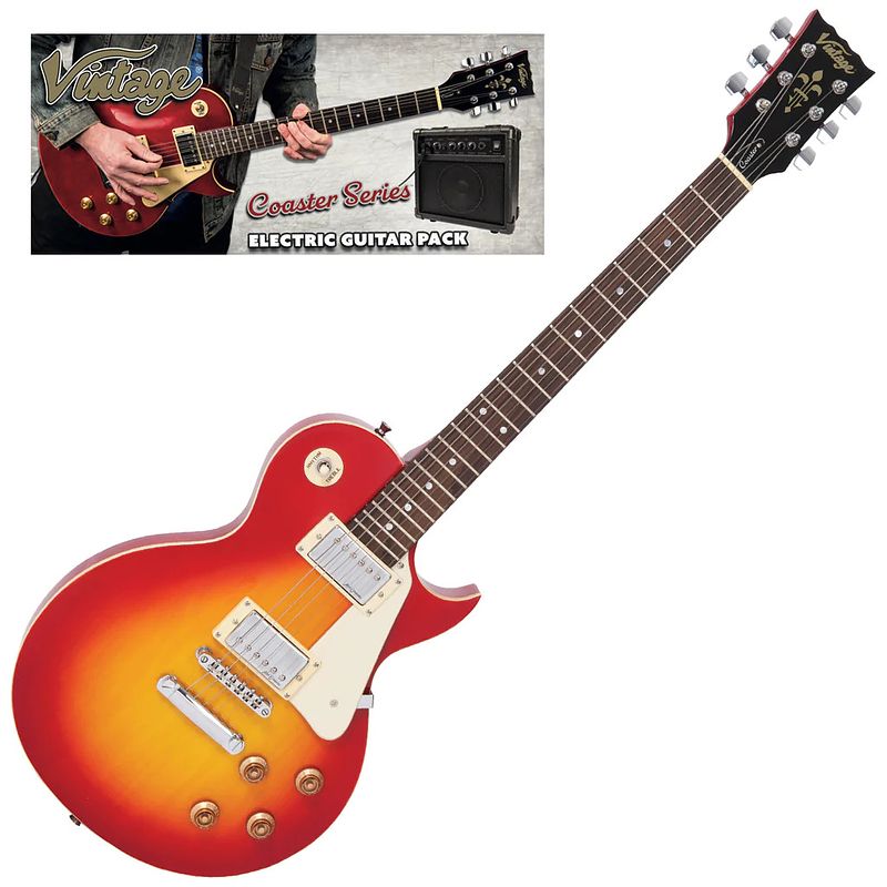 Foto van Vintage vip-v10csb coaster series cherry sunburst guitar pack elektrische gitaar set met versterker