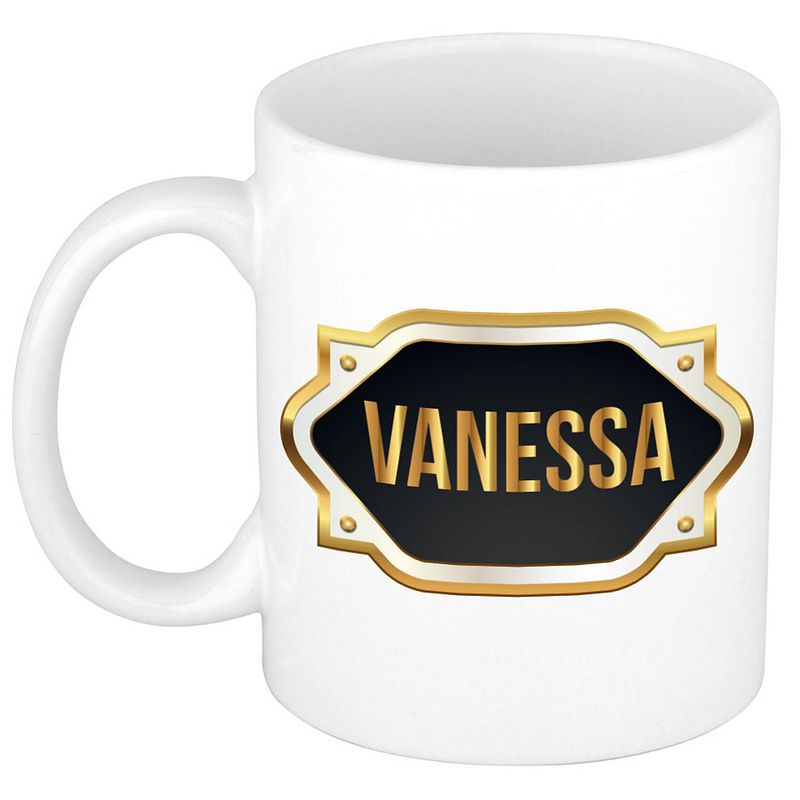 Foto van Naam cadeau mok / beker vanessa met gouden embleem 300 ml - naam mokken