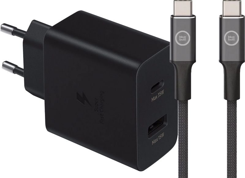 Foto van Samsung super fast charging oplader 35w + bluebuilt usb c kabel 1,5m nylon zwart