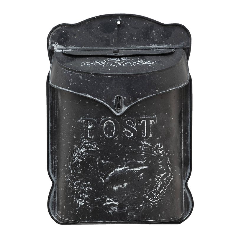Foto van Haes deco - brievenbus vintage zwart metaal met bloemen bedrukt en tekst ""post"", formaat 26x8x39 cm