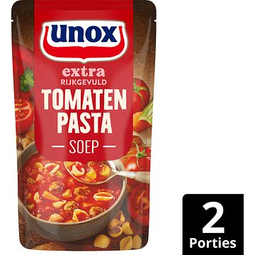 Foto van Unox extra rijkgevuld soep in zak tomaten pasta 570ml aanbieding bij jumbo | bij aankoop van 2 stuks aan deelnemende unox of conimex artikelen ontvang je een extra spaarzegel voor de raceauto van max verstappen2 zakken a 570 ml