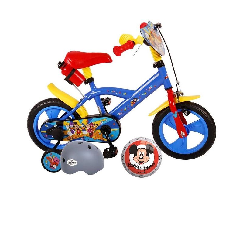 Foto van Volare kinderfiets mickey mouse - 12 inch - doortrapper - met bidonhouder + met fietshelm + accessoires