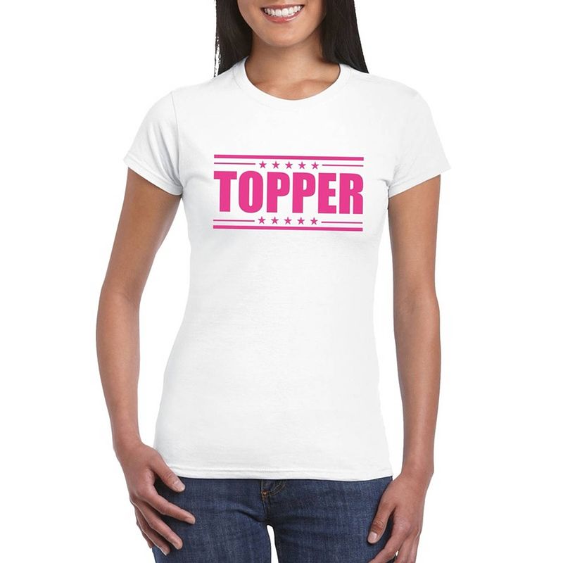 Foto van Toppers topper t-shirt wit met roze bedrukking dames xl - feestshirts