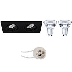 Foto van Led spot set - pragmi borny pro - gu10 fitting - inbouw rechthoek dubbel - mat zwart - kantelbaar - 175x92mm - philips -