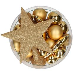 Foto van Bellatio decorations set 33x stuks kunststof kerstballen met ster piek goud - kerstbal