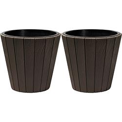 Foto van Prosperplast plantenpot/bloempot wood style - 2x - buiten/binnen - kunststof - donkerbruin - d40 x h37 cm - plantenpotte