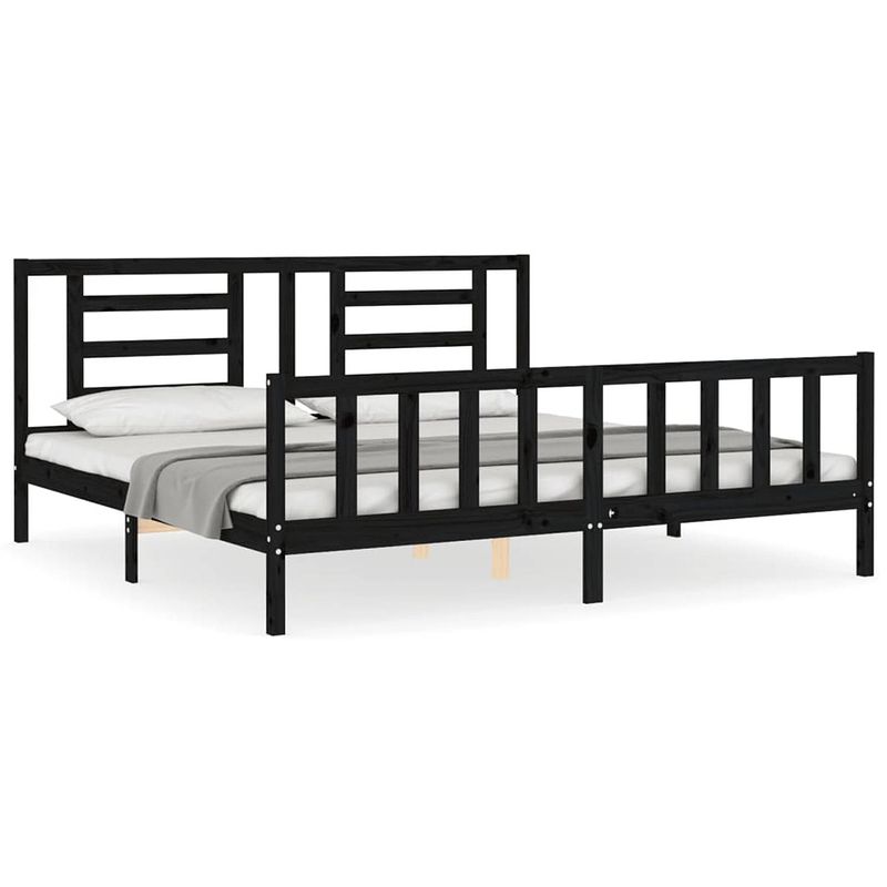 Foto van The living store massief grenenhouten bedframe - zwart - 205.5 x 185.5 x 100 cm - multiplex lattenbodem - functioneel