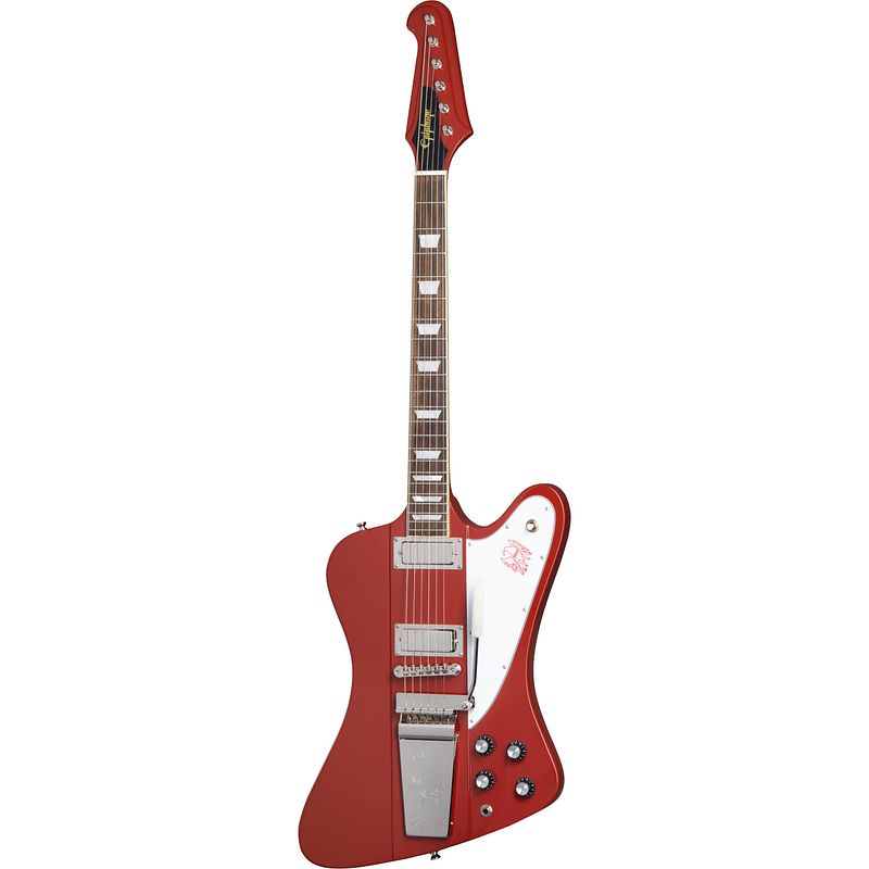 Foto van Epiphone 1963 firebird v maestro vibrola ember red elektrische gitaar met hard case