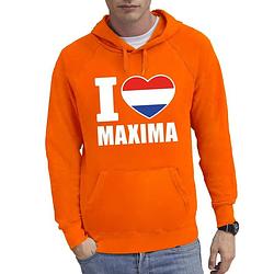 Foto van Oranje i love maxima hoodie / hooded sweater heren - oranje koningsdag/ supporter kleding xl