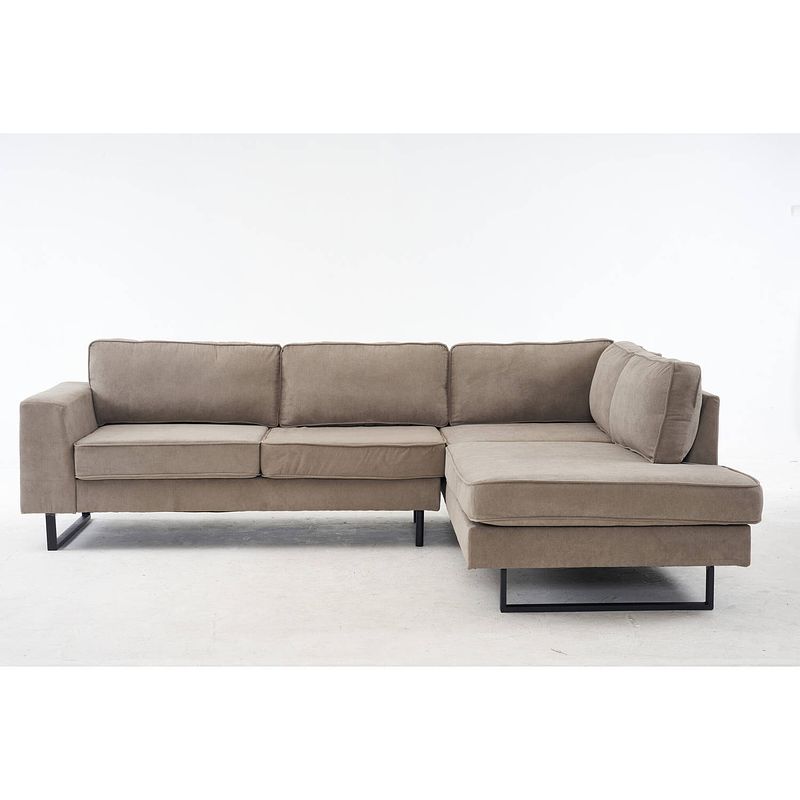 Foto van Hoekbank design puckerto 290cm bank taupe ribstof hoek loungebank rechts bankstel