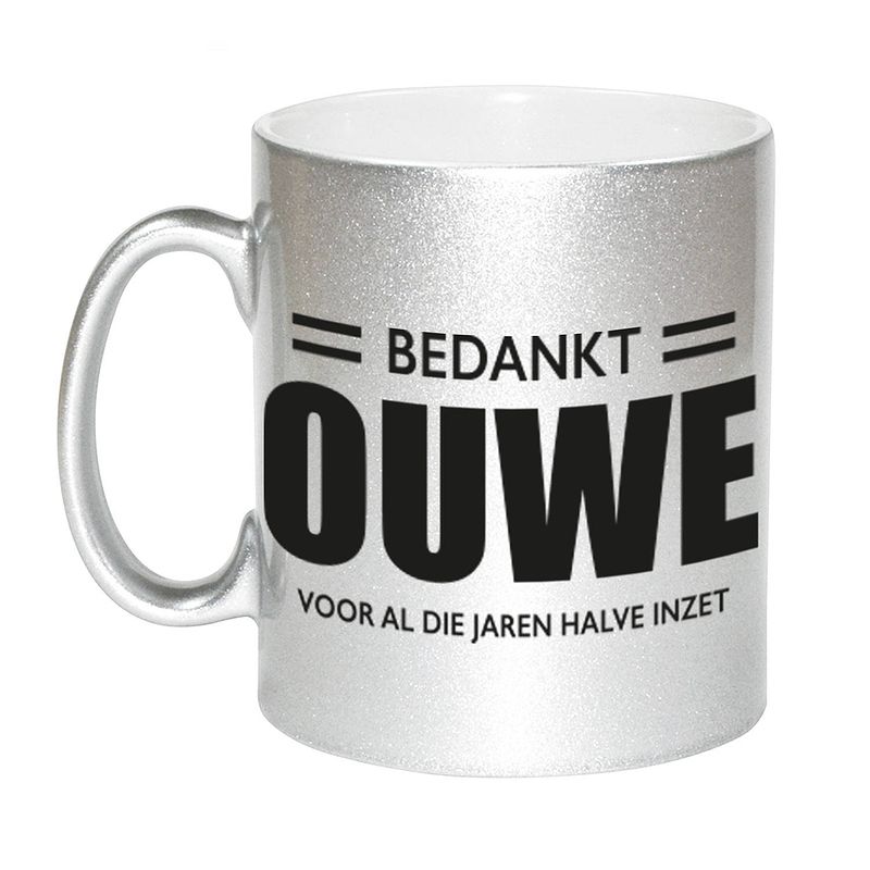 Foto van Bedankt ouwe voor de halve inzet pensioen mok / beker zilver afscheidscadeau 330 ml - feest mokken