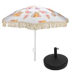 Foto van Volant parasol met bloemenmotief 180 cm met bijbehorende parasolvoet