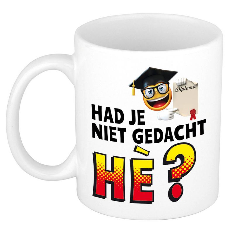 Foto van Had je niet gedacht he kado mok / beker wit met smiley - geslaagd / afstudeer cadeau - feest mokken