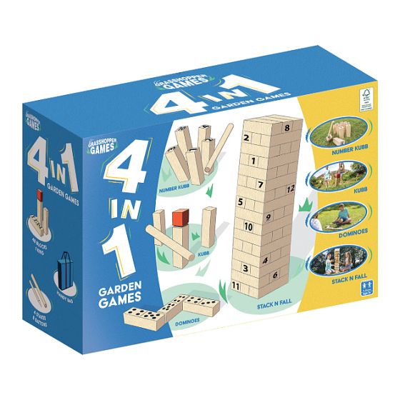 Foto van Grasshopper 4 in 1 houten garden games kubb/domino/jenga