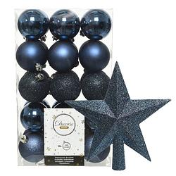 Foto van 30x stuks kunststof kerstballen 6 cm inclusief ster piek donkerblauw - kerstbal