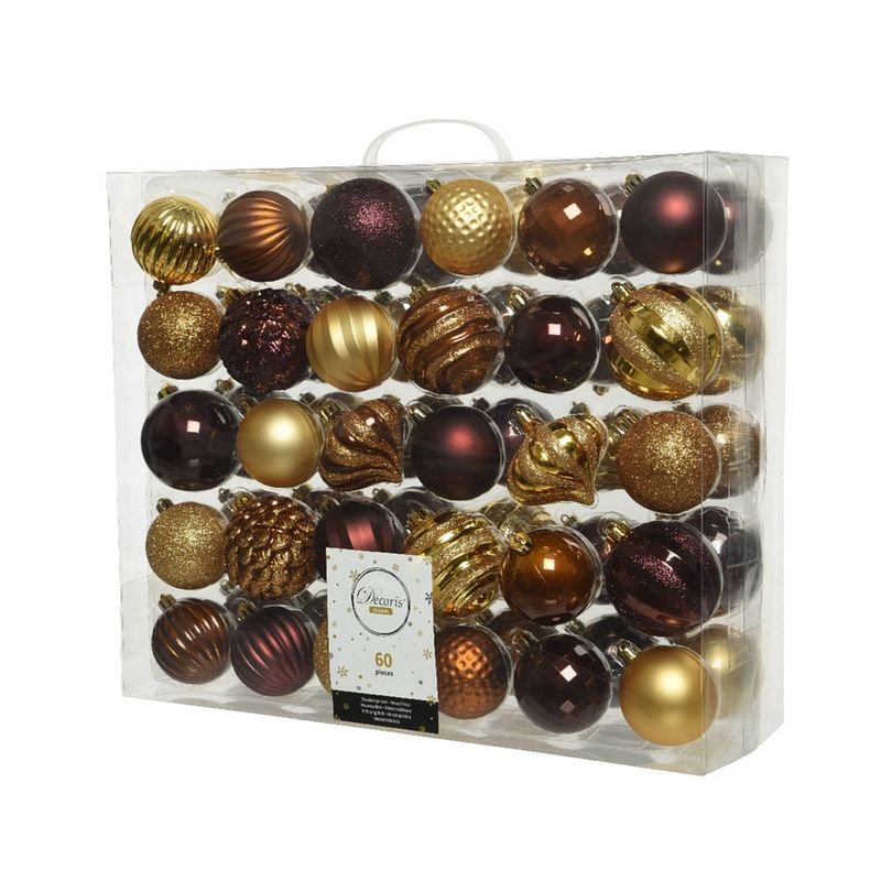 Foto van 60x stuks kunststof kerstballen goud/bruin/donkerrood mix 6 en 7 cm - kerstbal