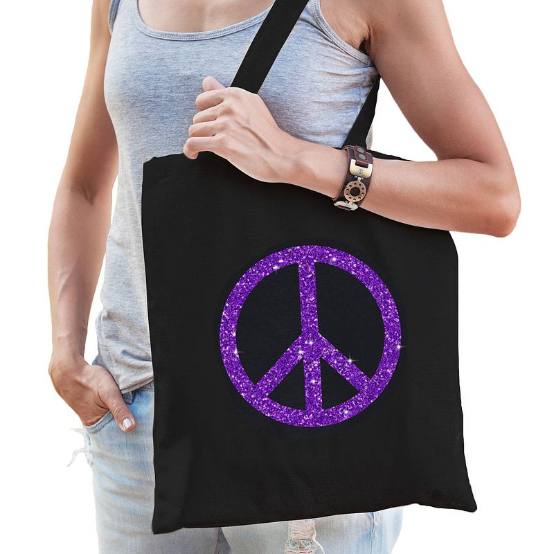 Foto van Toppers flower power katoenen tas met peace teken zwart met paarse glitters voor volwassenen - verkleedtassen