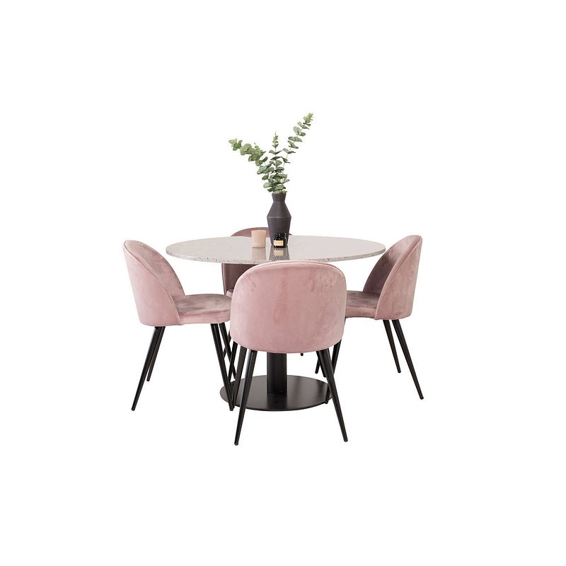 Foto van Razziagr eethoek eetkamertafel terazzo grijs en 4 velvet eetkamerstal velours roze, zwart.