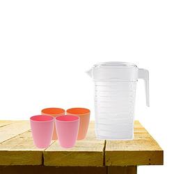 Foto van Set van 1x waterkan 1 liter met drinkbekers 2x roze en 2x oranje - schenkkannen