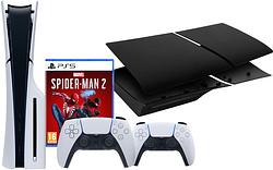 Foto van Playstation 5 slim disc edition + spider-man 2 + covers zwart + extra controller wit