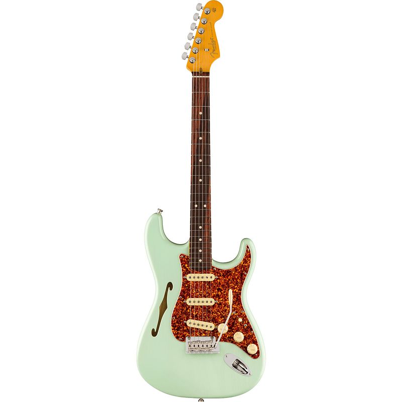 Foto van Fender american professional ii stratocaster thinline rw transparent surf green met deluxe koffer